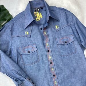 RARE Vintage 1970s Landman Oil Rig Embroidered Western Shirt Texas Oilcore L